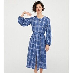 Zara Checked Belted Tunic Puff Sleeves Button Dress Blue/White Size Medium